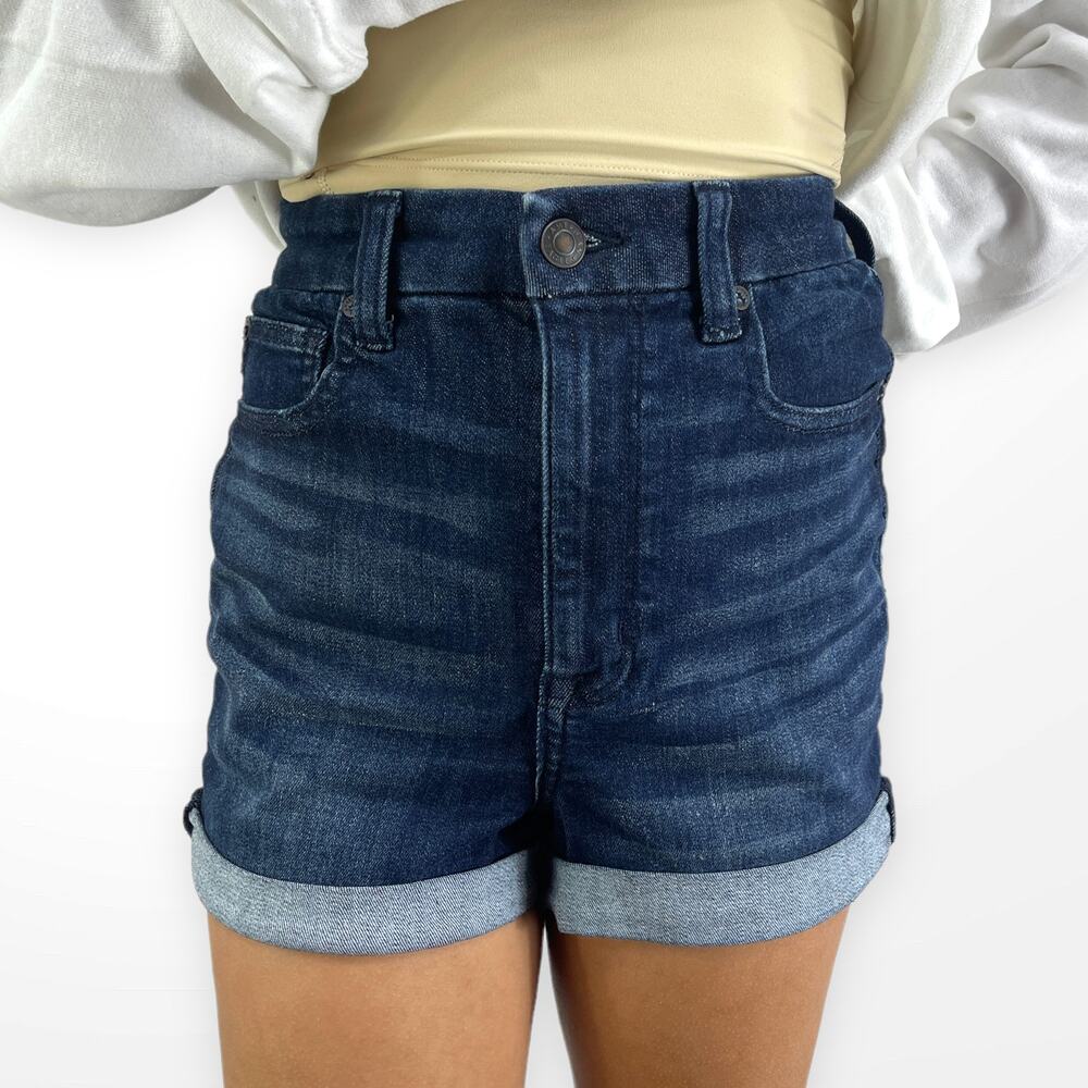 AMERICAN EAGLE Dark Wash Curvy Super Hi-Rise Next Level Stretch Shorts